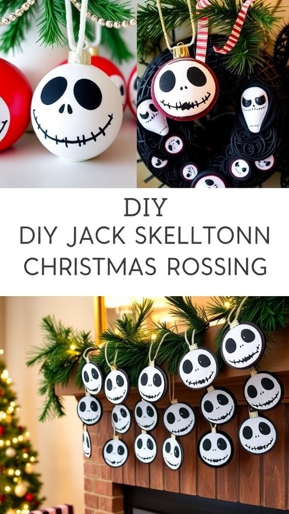 DIY Jack Skellington Christmas decorations featuring ornaments, wreath, and garland.